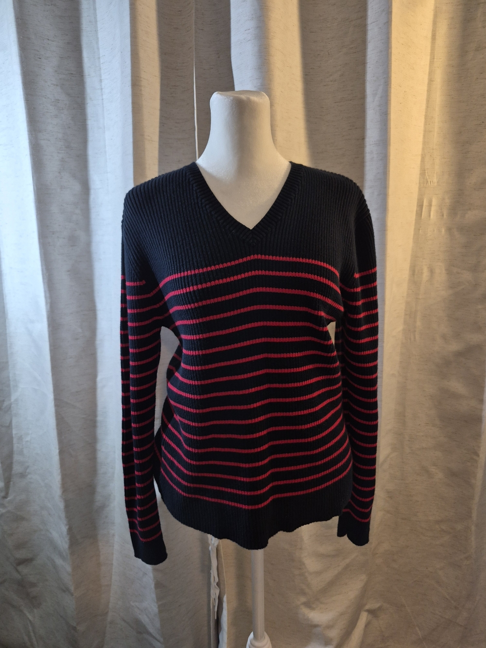 Tommy Hilfiger navy blue and red striped womens sweater. Size Large